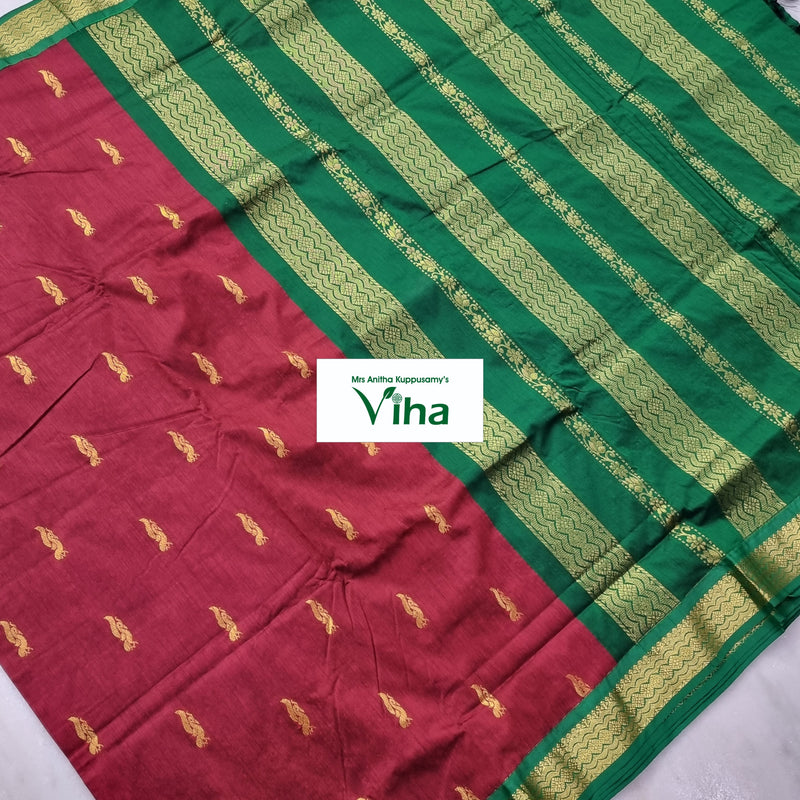 Kalyani Cotton Silk Saree with Blouse, red and green with woven gold-toned pattern stripes and fringe