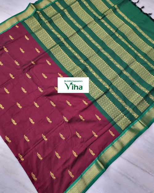 Kalyani Cotton Silk Saree with Blouse, maroon and green with gold-toned motifs and a broad border