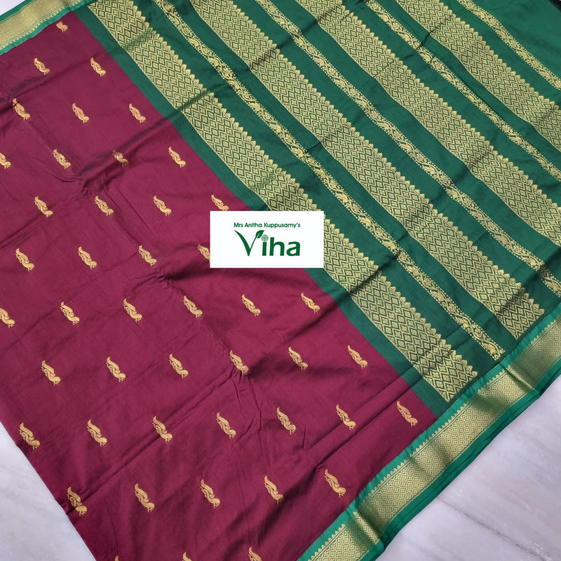 Kalyani Cotton Silk Saree with Blouse, maroon and green with gold-toned motifs and a broad border
