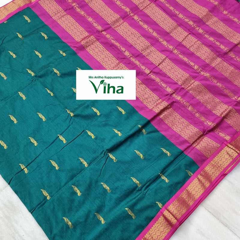 Kalyani Cotton Silk Saree with Blouse, teal and magenta with scattered gold-toned motifs