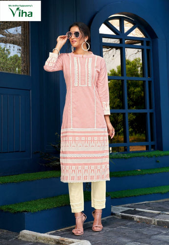 Pure Cotton Kurti Set With Inner Block Print & Lace Work