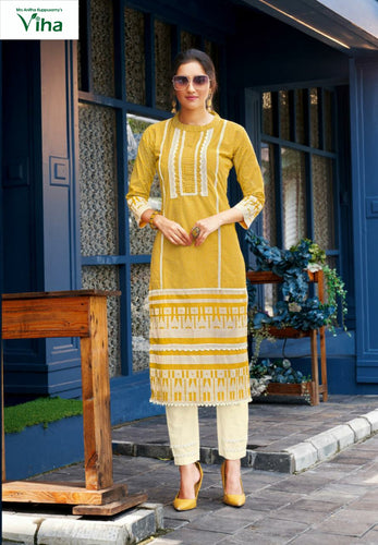 Pure Cotton Kurti Set With Inner Block Print & Lace Work