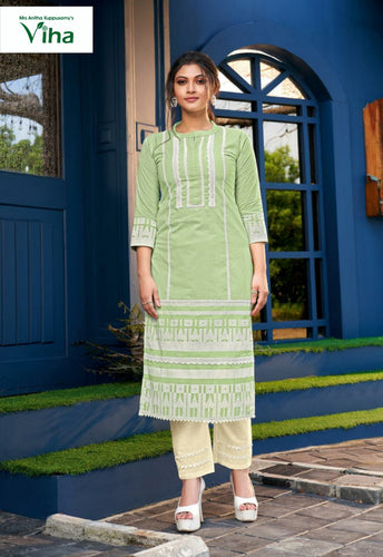 Pure Cotton Kurti Set With Inner Block Print & Lace Work