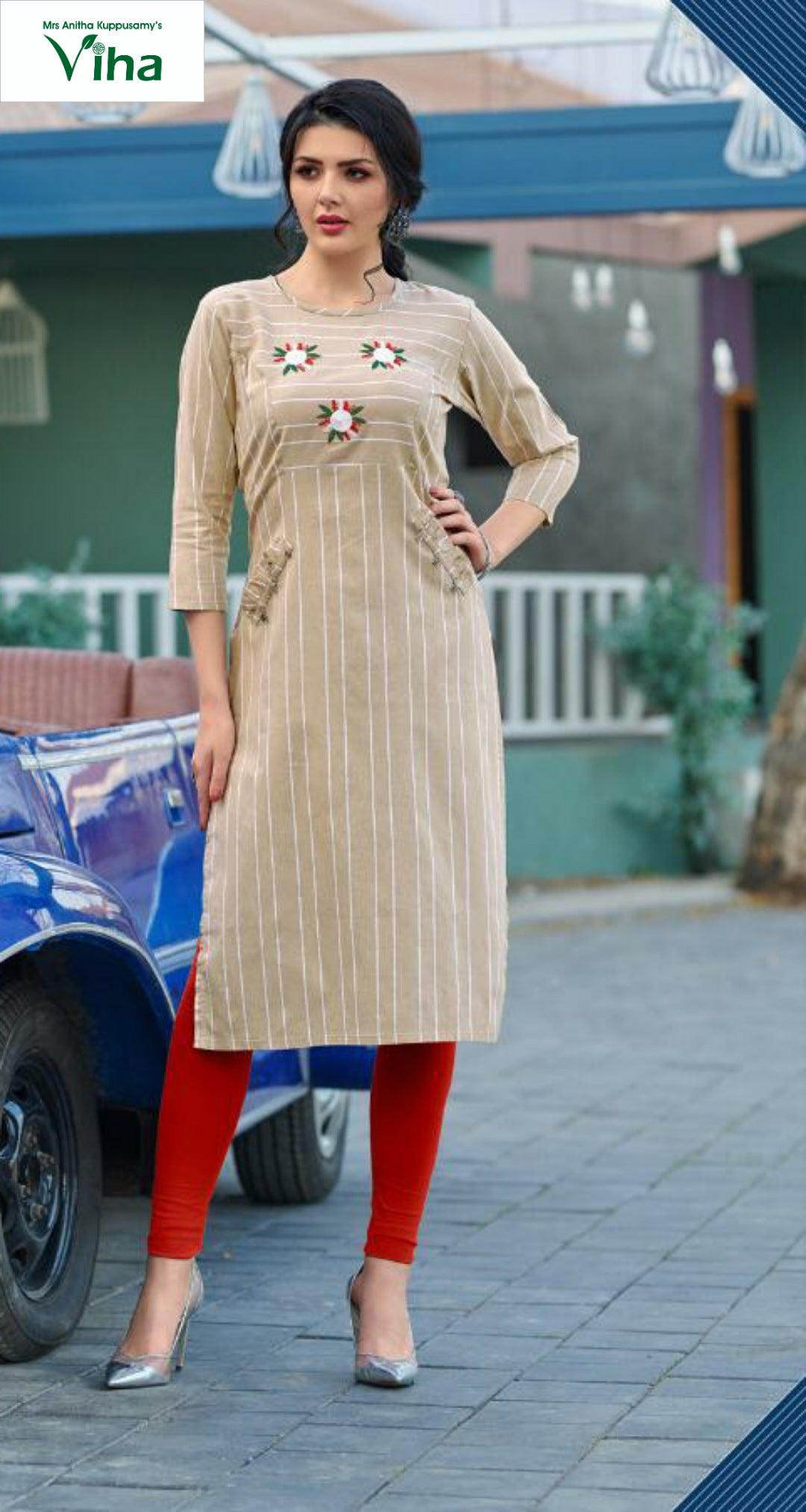 Shritikas Designer Pink Stripes Straight Cotton Kurti For Women | 60s Cotton  | Collar Neck Kurti