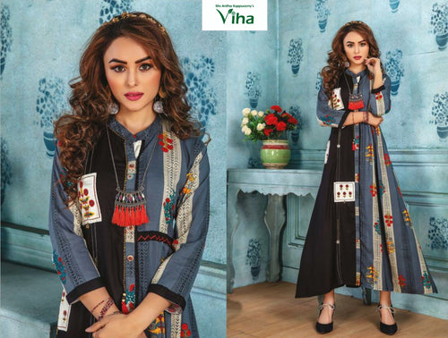 Reyon Long Kurti With Print & Embroidery
