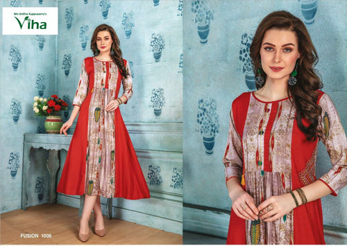 Reyon Long Kurti With Print & Embroidery | Size - M