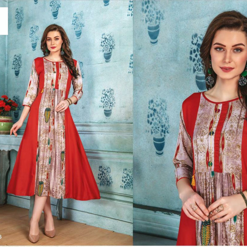 Reyon Long Kurti With Print & Embroidery, round neckline and three-quarter sleeves