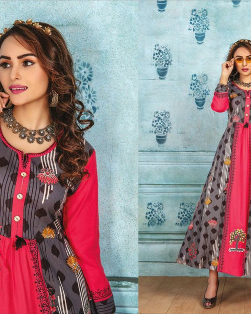 Reyon Long Kurti With Print & Embroidery, long sleeves and patterned design