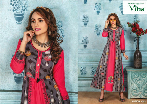 Reyon Long Kurti With Print & Embroidery