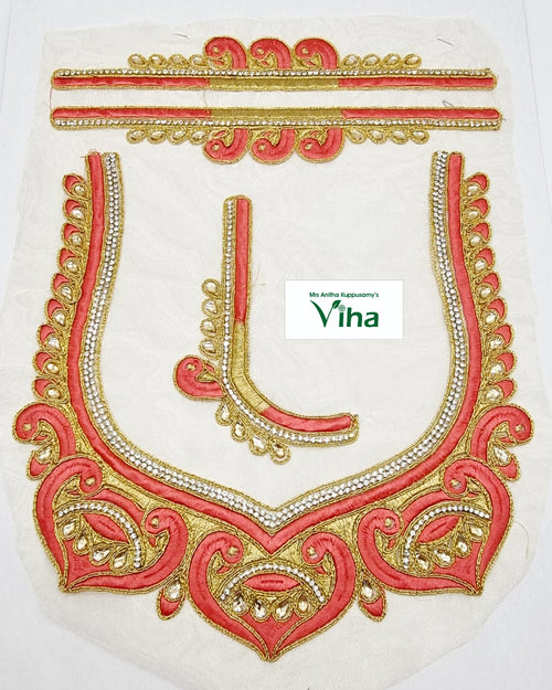 Blouse Back,Front,Hand Patches, a fabric piece with pink and gold-toned embroidery, clear stones, and bead embellishments forming symmetrical motifs