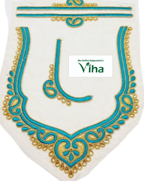 Blouse Back,Front,Hand Patches, an off-white fabric piece with gold-toned and turquoise embroidered swirls and beadwork details