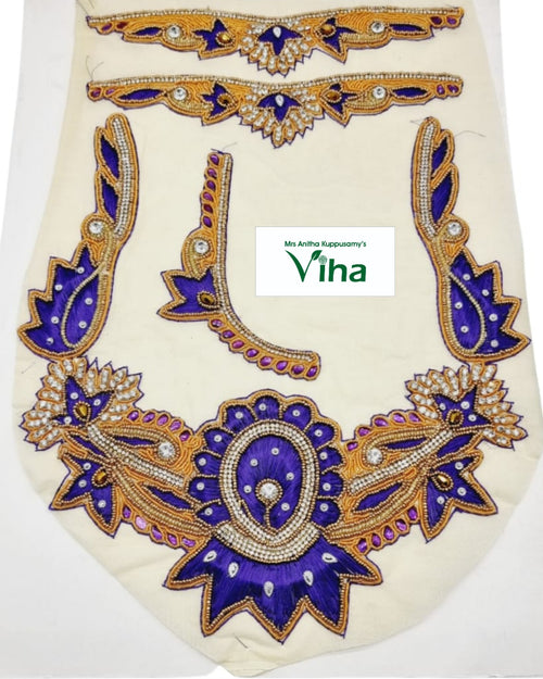 Blouse Back,Front,Hand Patches, an off-white fabric sheet features purple and gold-toned embroidered appliqués decorated with clear stones and purple jewels