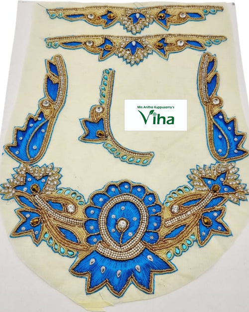 Blouse Back,Front,Hand Patches, an off-white fabric patch features blue-threaded embroidery with gold-toned outlines, clear stones, and white beads