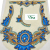 Blouse Back,Front,Hand Patches, an off-white fabric patch features blue-threaded embroidery with gold-toned outlines, clear stones, and white beads