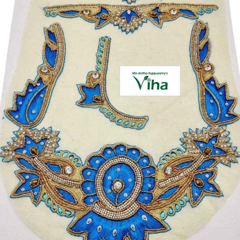 Blouse Back,Front,Hand Patches, an off-white fabric patch features blue-threaded embroidery with gold-toned outlines, clear stones, and white beads