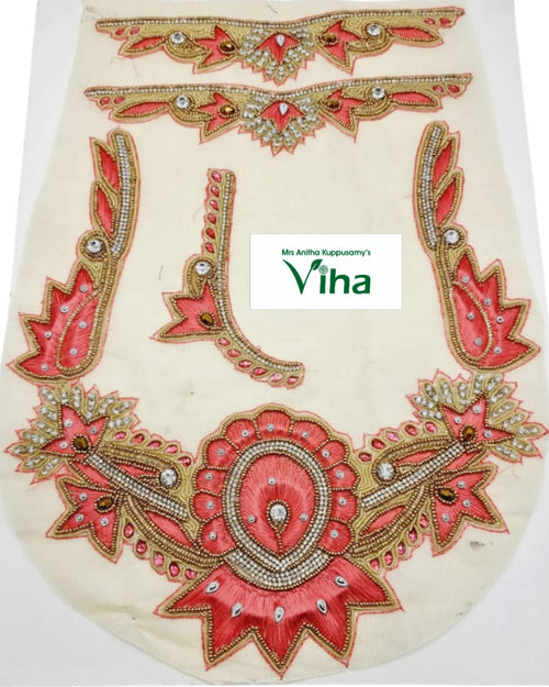 Blouse Back,Front,Hand Patches, an off-white fabric patch features pink embroidered motifs outlined in gold-toned thread, clear stones, and pink beads