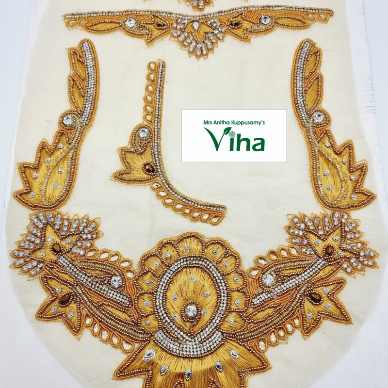 Blouse Back,Front,Hand Patches, gold-toned embroidered fabric with clear stones arranged in floral and paisley motifs
