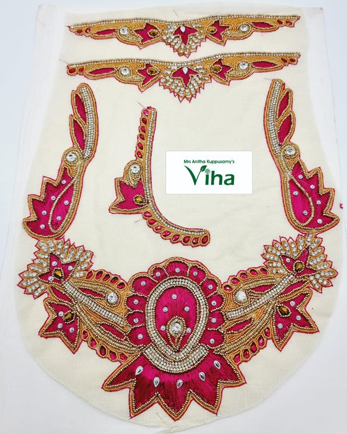 Blouse Back,Front,Hand Patches, an embroidered fabric piece features gold-toned beadwork, pink fabric, and clear stones arranged symmetrically