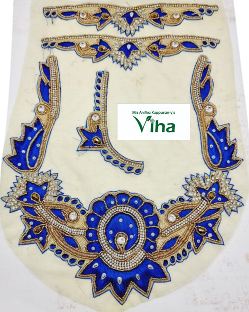 Blouse Back,Front,Hand Patches, an off-white fabric piece featuring intricate blue and gold-toned embroidery with clear stones and beads arranged in patterns