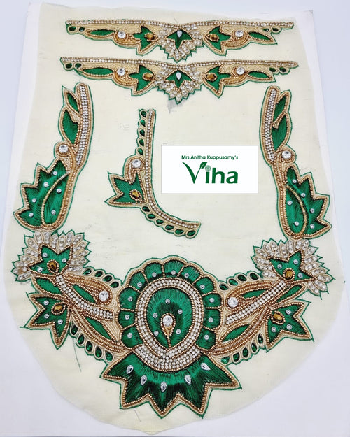 Blouse Back,Front,Hand Patches, a cream fabric piece featuring green and gold-toned embroidered motifs with clear stones and white beads