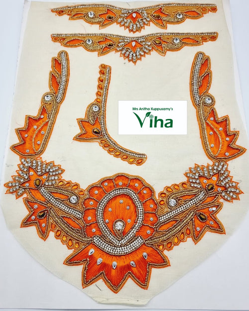 Blouse Back,Front,Hand Patches, an off-white fabric piece featuring orange embroidered motifs embellished with clear stones and gold-toned beads