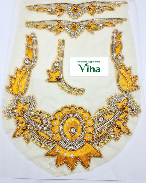 Blouse Back,Front,Hand Patches, four yellow-and-white embroidered patches with beads and clear stones on off-white fabric
