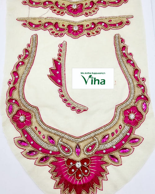 Blouse Back,Front,Hand Patches, cream fabric with embroidered gold-toned, pink, and clear rhinestone patterns including floral motifs and curved borders