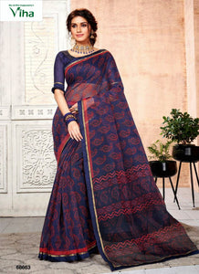 Fancy cotton net printed saree with lace and bangalori blouse