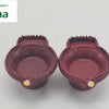 Triple Battery Agal Lamp/ Vilakku, two maroon plastic vessels with scalloped rims, each featuring a small orange light attached at the front spout