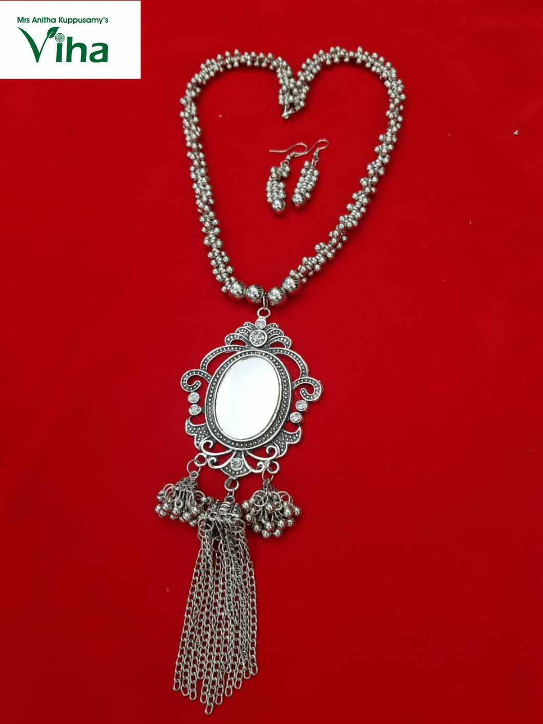 German Silver Long Chain Mirror Pendant Set