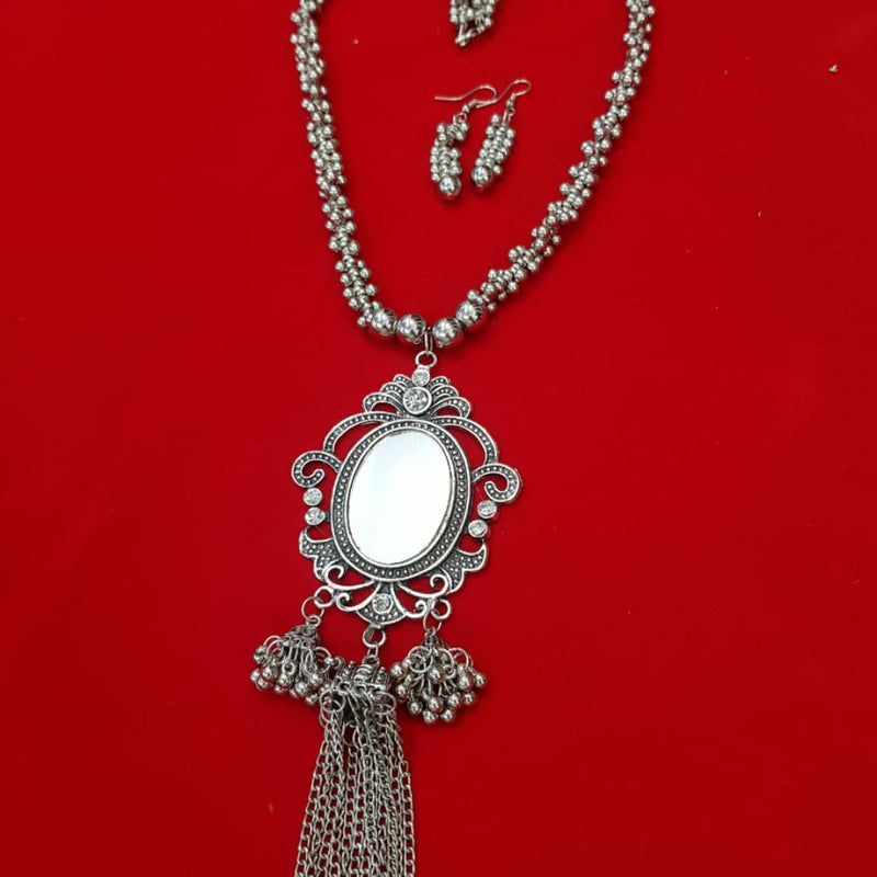 German Silver Long Chain Mirror Pendant Set with beaded chain