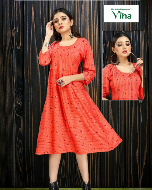 Feeding Kurti Full Stitched, coral red with vertical stripes and scoop neckline