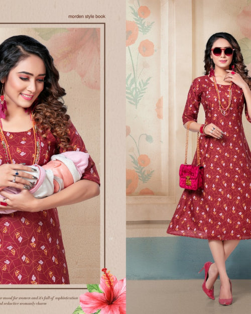 Feeding Kurti Full Stitched, maroon with floral pattern and round neckline