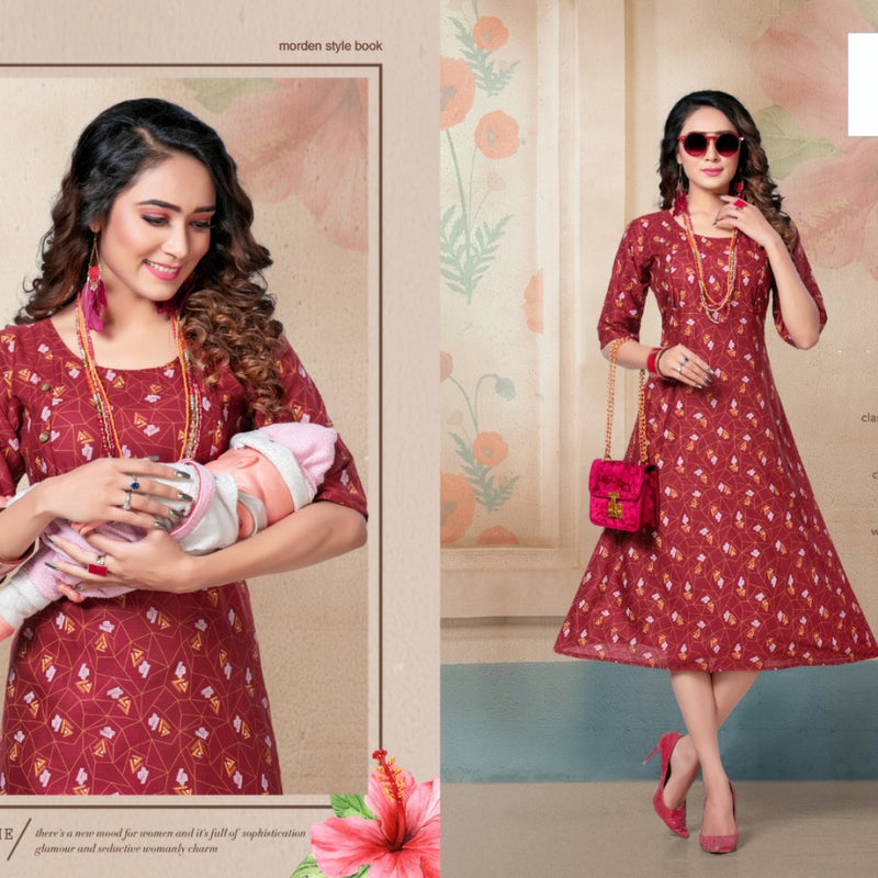 Feeding Kurti Full Stitched, maroon with floral pattern and round neckline