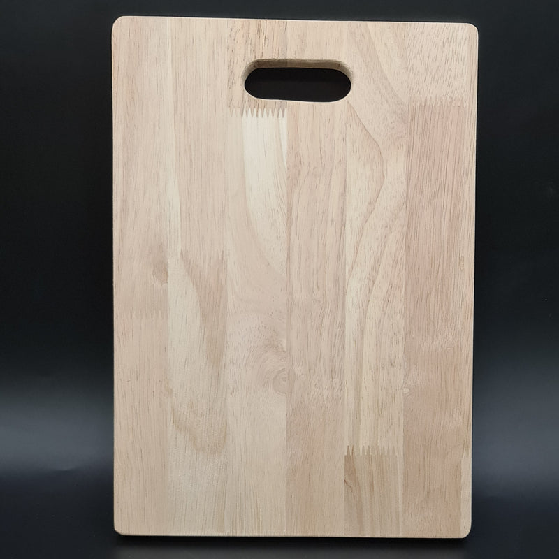 Viha's Wooden Chopping Board - Small, a rectangular wooden board with rounded corners features one horizontal oval cutout near the top edge