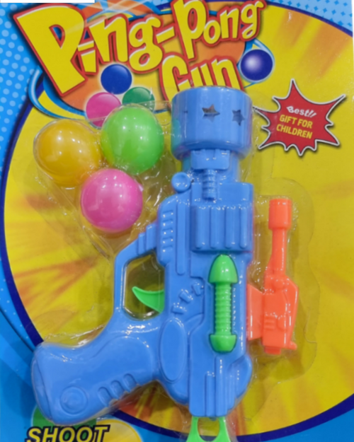 Ball Shoot Game, a blue toy gun with green trigger and three coloured balls