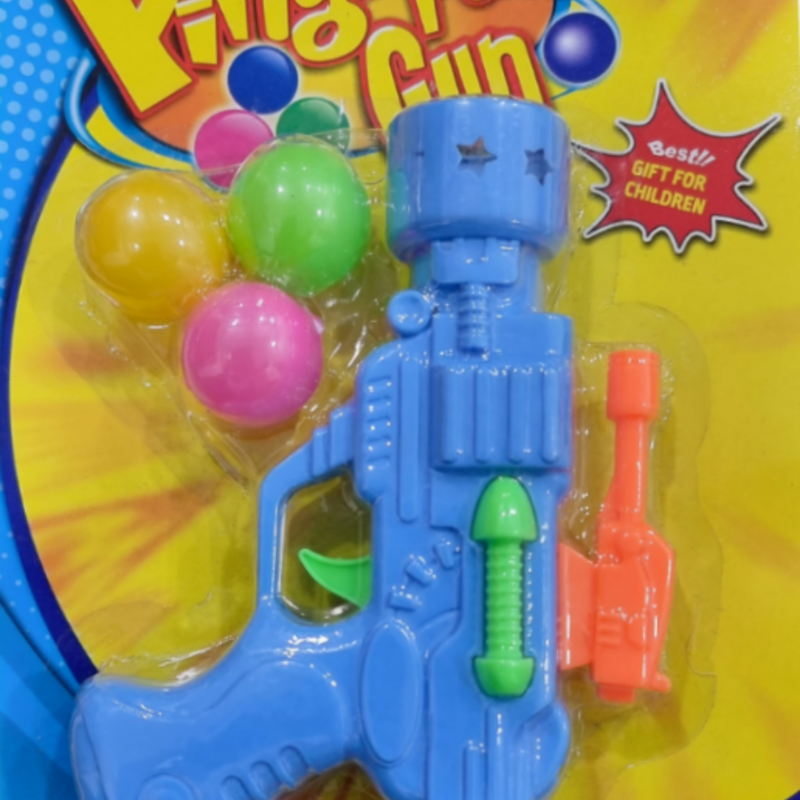 Ball Shoot Game, a blue toy gun with green trigger and three coloured balls