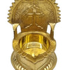 Cross Lamp Brass, a gold-toned metallic stand with a circular bowl, an ornate cross-embossed backrest, and a fluted, heart-shaped base
