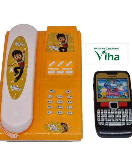 Musical Battery Phone & Water Game, an orange plastic toy telephone with a white handset beside a black toy smartphone