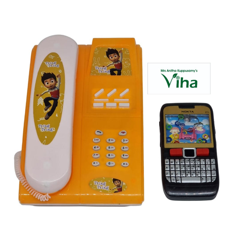 Musical Battery Phone & Water Game, an orange plastic toy telephone with a white handset beside a black toy smartphone