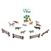 Animal Toys Children Game, twelve small multi-coloured plastic animal figurines and four brown fence pieces arranged around three green palm trees