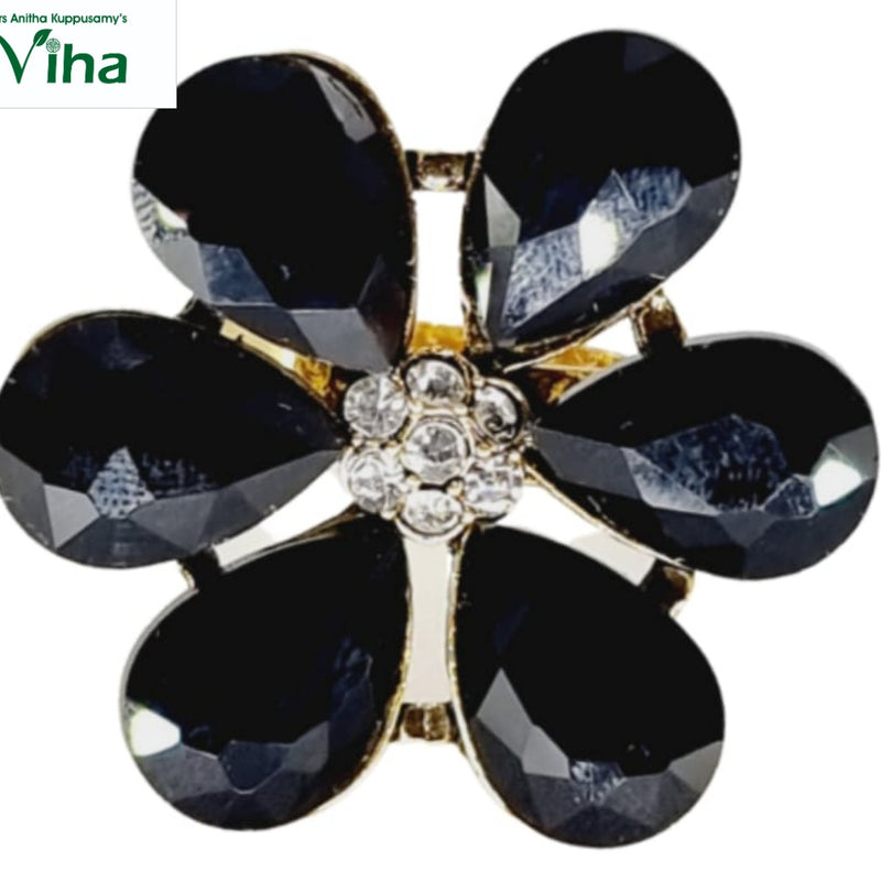 Fancy Designer Stone Ring with black teardrop stones and central crystal cluster