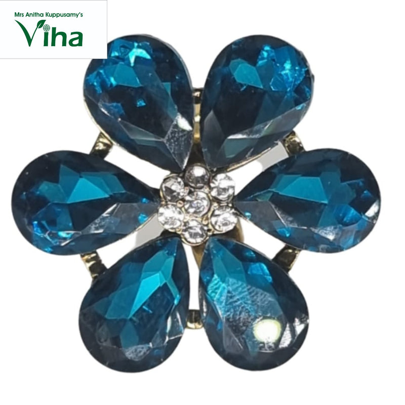 Fancy Designer Stone Ring with blue petals and central crystal cluster