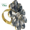 Fancy Designer Stone Ring, a gold-toned ring featuring a large flower-shaped cluster of eight faceted grey petal stones and a central group of clear stones