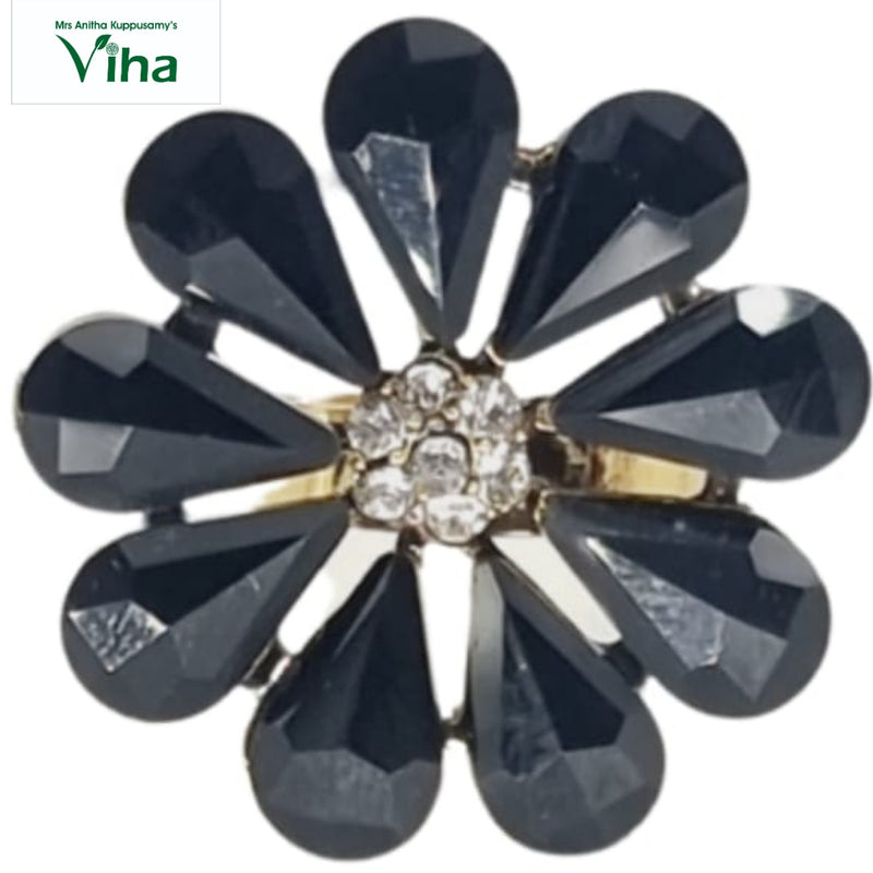 Fancy Designer Stone Ring, flower shape with black pear-shaped stones and clear round stones