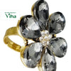 Fancy Designer Stone Ring, gold-toned ring featuring a six-petalled flower set with large grey stones and a central cluster of clear stones