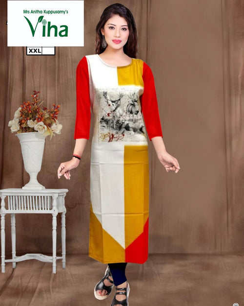 Americam Crepe Soft Kurti with round neckline and three-quarter sleeves