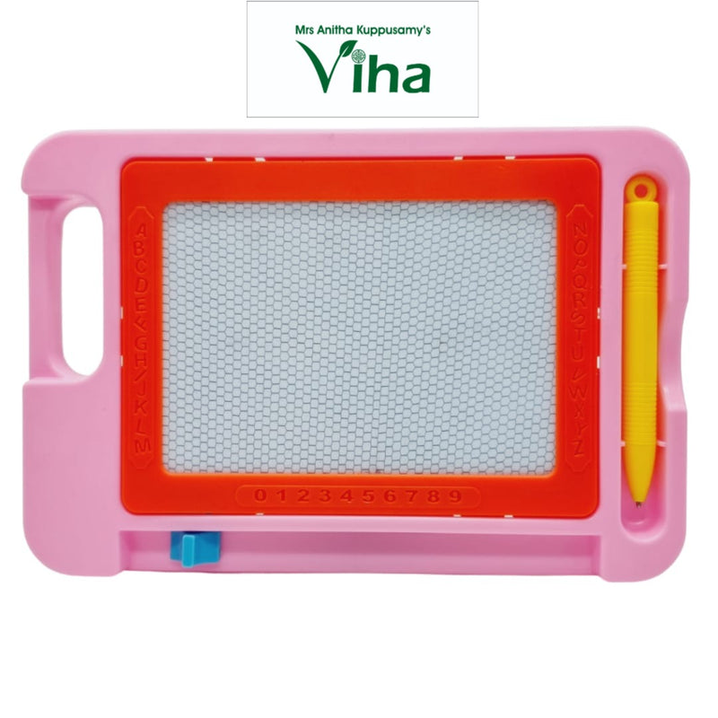 Writing Board for Kids, a pink rectangular drawing board with an orange frame, a grey grid screen, a blue slider, and a yellow stylus