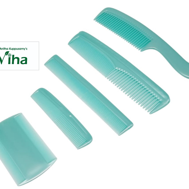 Teal comb set with five pieces and different tooth spacing