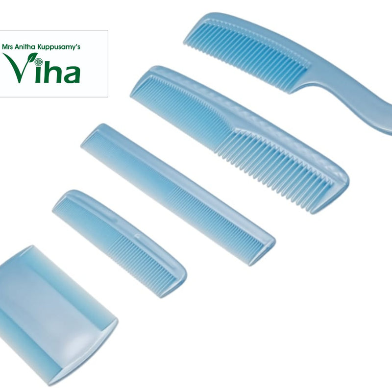 Light blue comb set with five pieces, including a handled comb